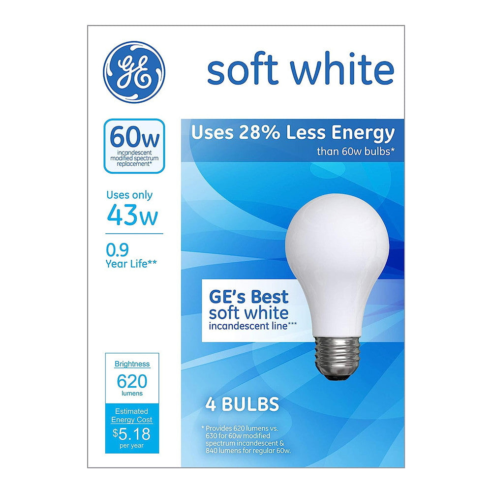 GE Lighting A19 Halogen Light Bulb, 43-Watt, Dimmable, Soft White Finish, Medium Base, 4 Ea
